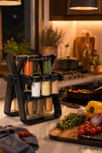 360° Rotating Spice Rack Organizer with Glass Spice Jars – Modern Kitchen Seasoning Holder