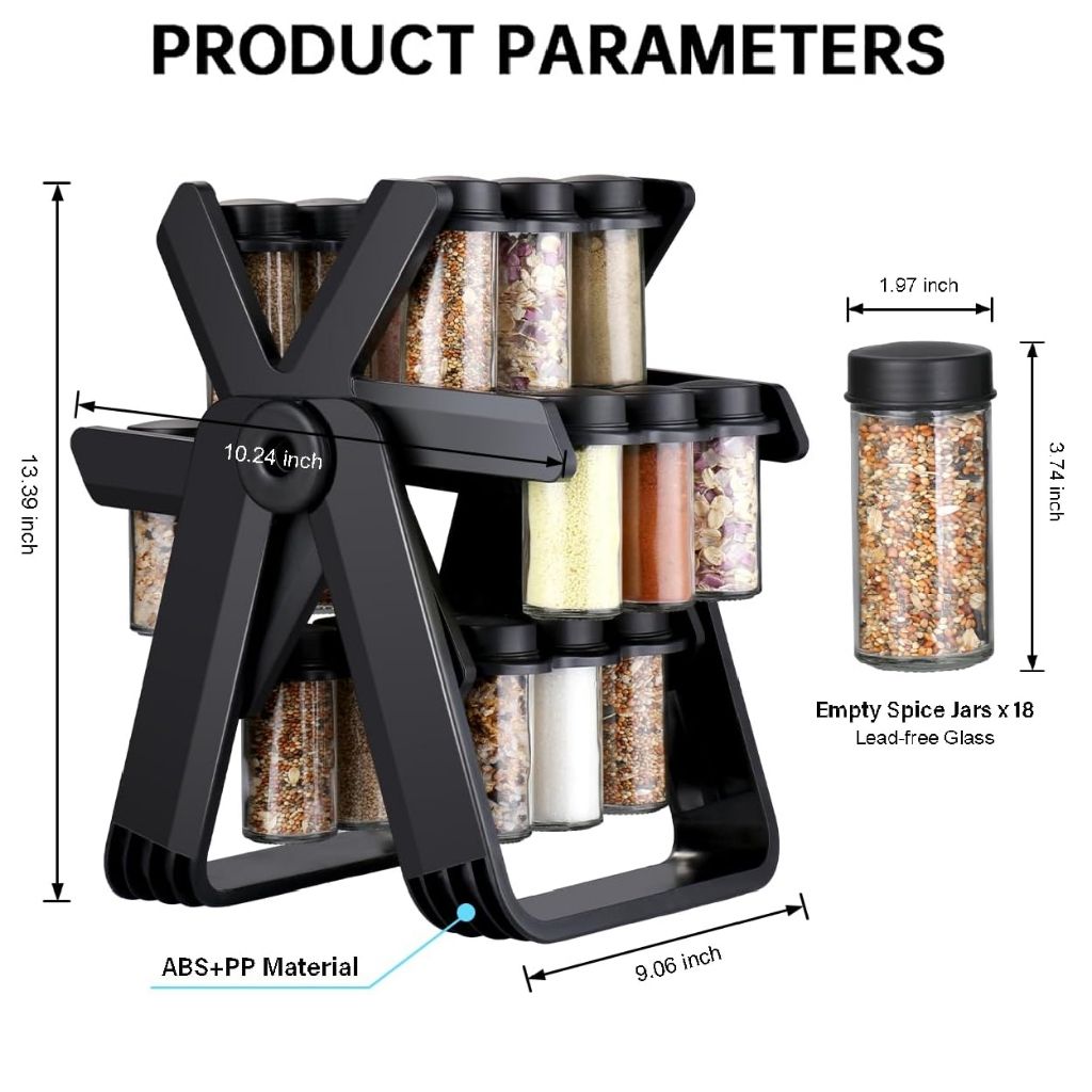 360° Rotating Spice Rack Organizer with Glass Spice Jars – Modern Kitchen Seasoning Holder