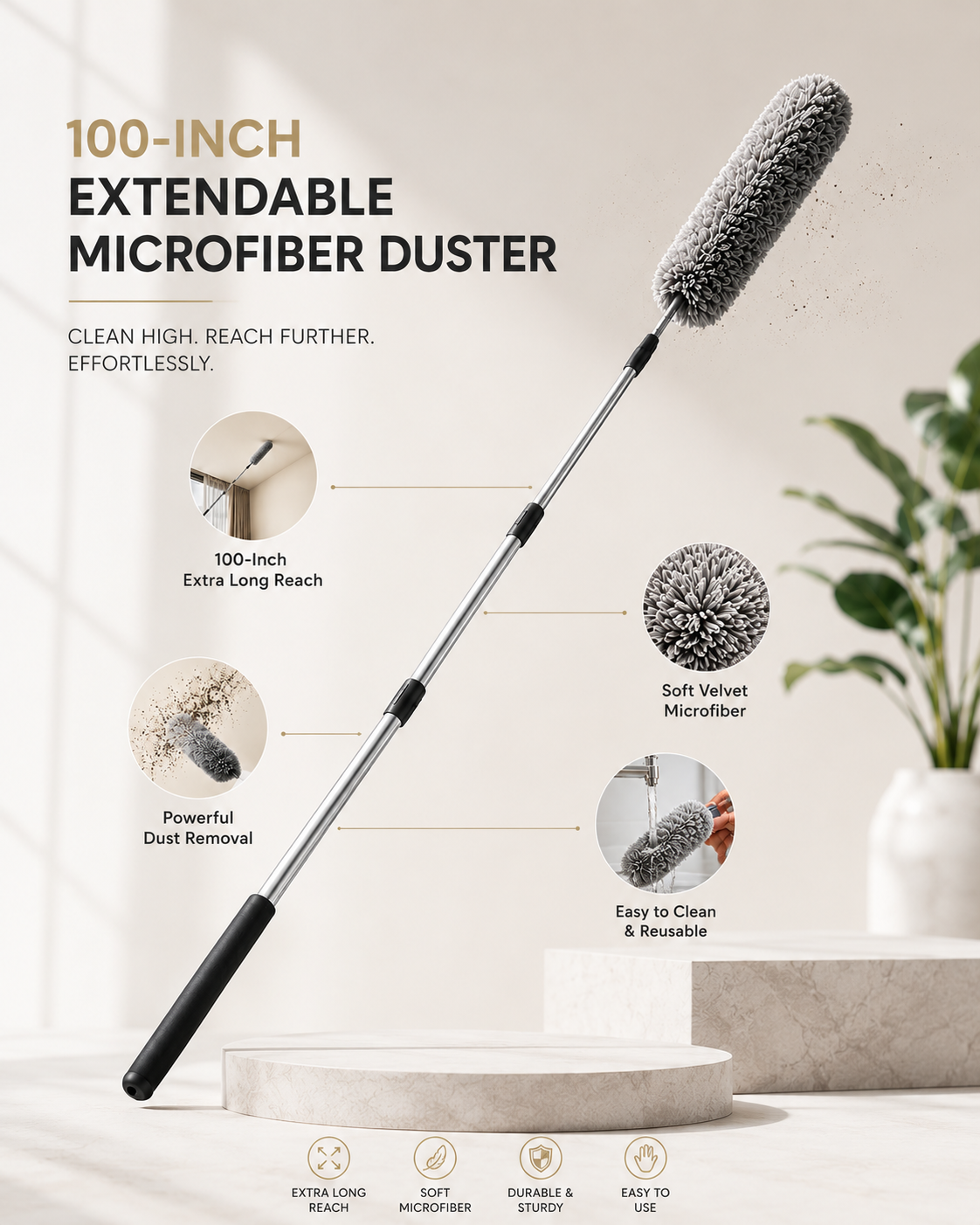 Microfiber Duster – 100-Inch Extendable Handle | Velvet Wipe