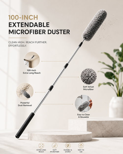 Microfiber Duster – 100-Inch Extendable Handle | Velvet Wipe